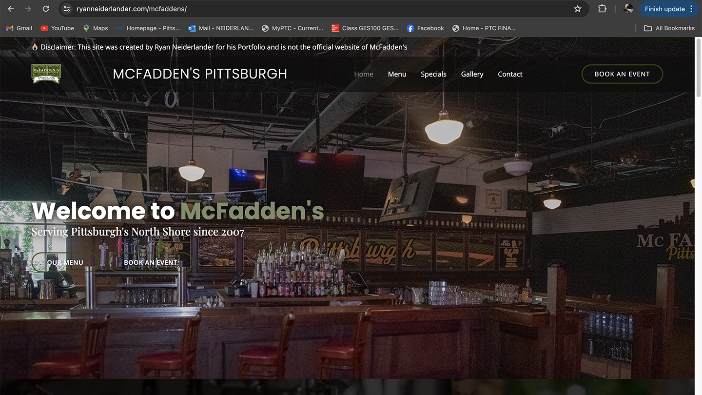 Screenshot of the destop McFadden's bar & grill web site created by Ryan Neiderlander